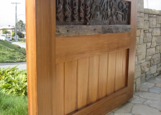 side view custom old world hand carved wood pedestrian gate