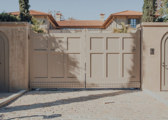 Custom-Dual-Sided-Wooden-Clad-Bi-Parting-Vehicular-Gate-With-Panel-Molding-Detail- Los Angeles, Orange County